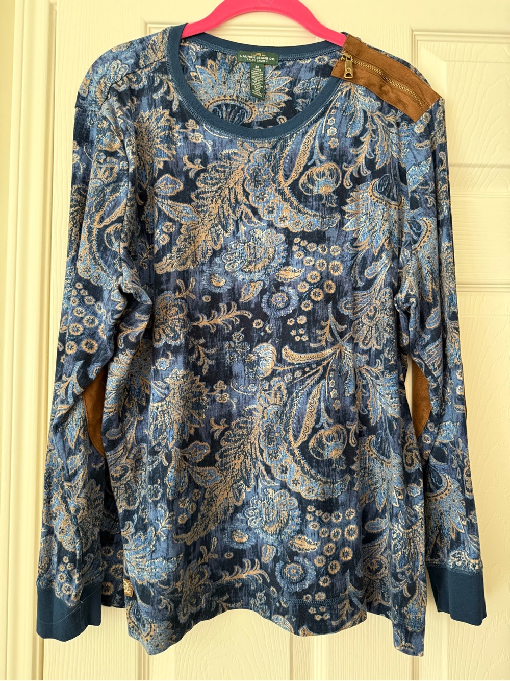 Ralph Lauren Blue Paisley Long-Sleeve Top with Suede Trim